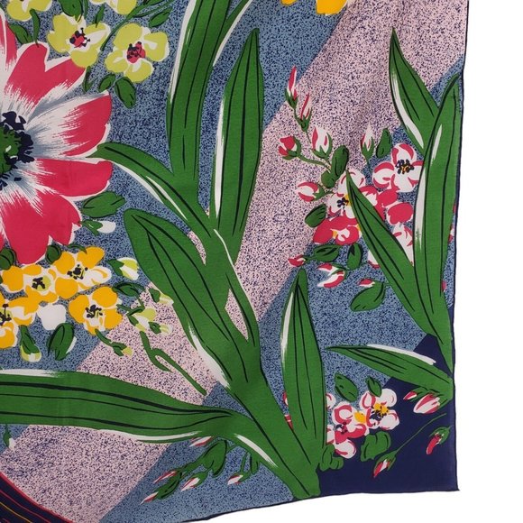 Silk Scarf Shawl Bold Floral Geometric Navy Blue Multicolor  Hand Rolled 35" - Picture 7 of 9